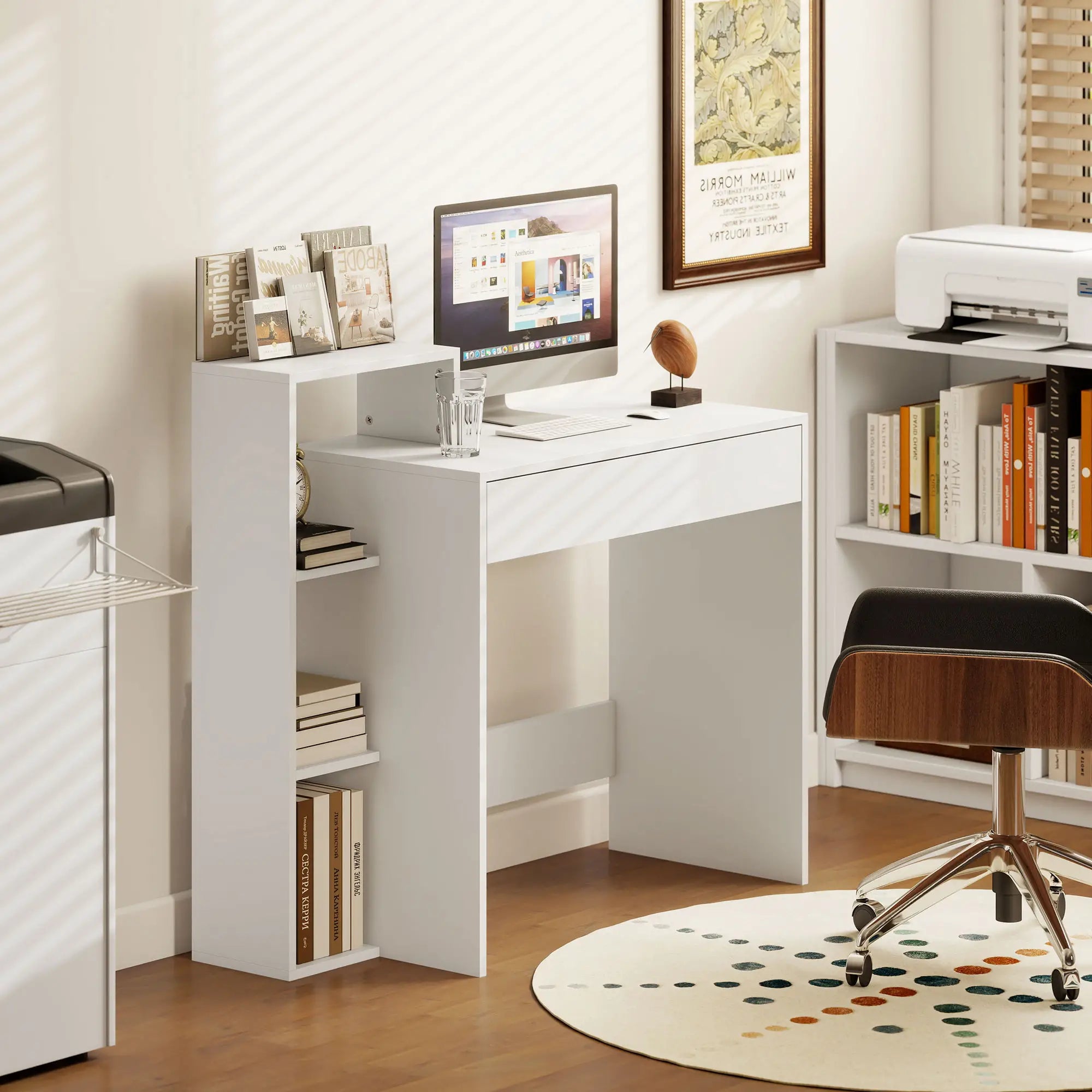 Computer Desk With Storage, 3 Open Shelves And Drawer, White Writing Desks at Gallery Canada