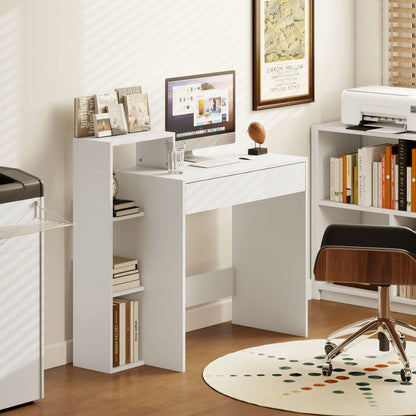 Computer Desk With Storage, 3 Open Shelves And Drawer, White Writing Desks at Gallery Canada