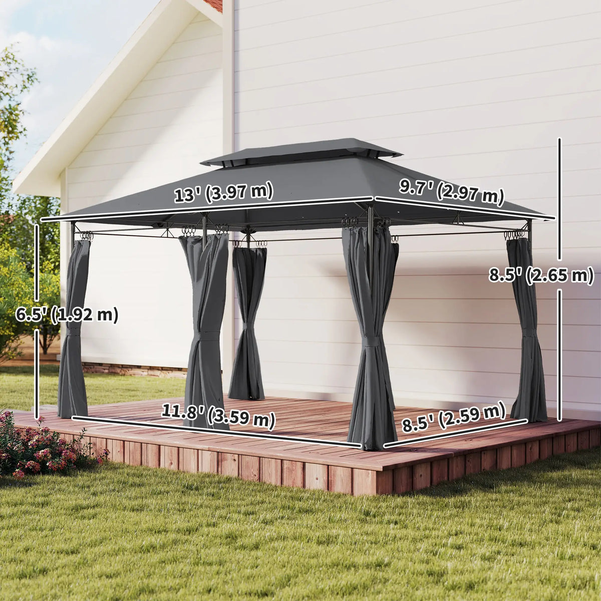 10' x 13' Double Roof Patio Gazebo, Outdoor Gazebo with Curtains, Grey