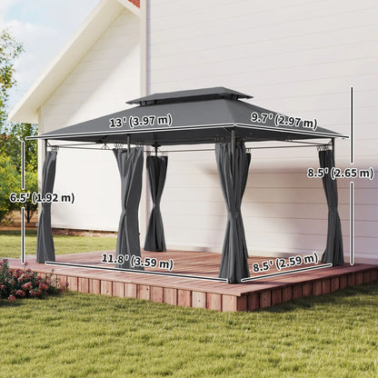 10' x 13' Double Roof Patio Gazebo, Outdoor Gazebo with Curtains, Grey