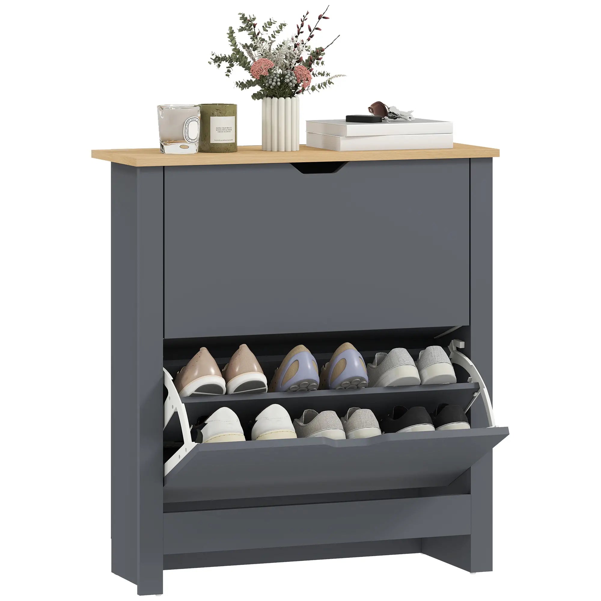 Shoe Storage Cabinet, 2 Flip Drawers, Adjustable Shelves, 12 Pairs, Dark Grey Shoe Storage Cabinets & Racks at Gallery Canada