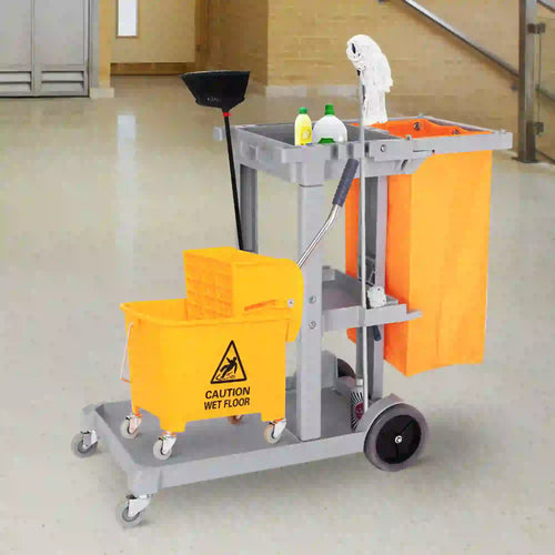 Janitorial Cart with 3 Shelves, Wheels, Rubbish Bag, Mop Holders, Grey