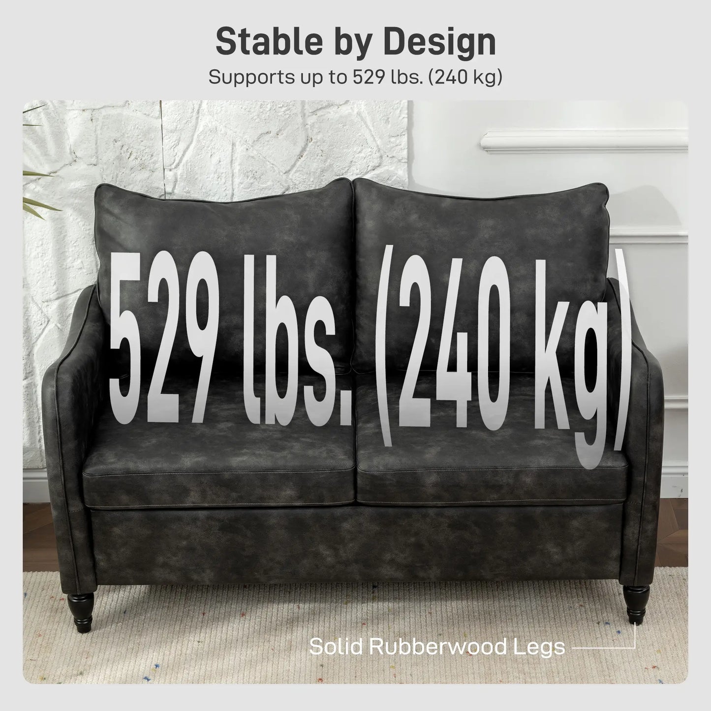 55" Loveseat Sofa, 2 Seater with Wood Legs, PU Leather, Grey 2-Seater Sofas at Gallery Canada