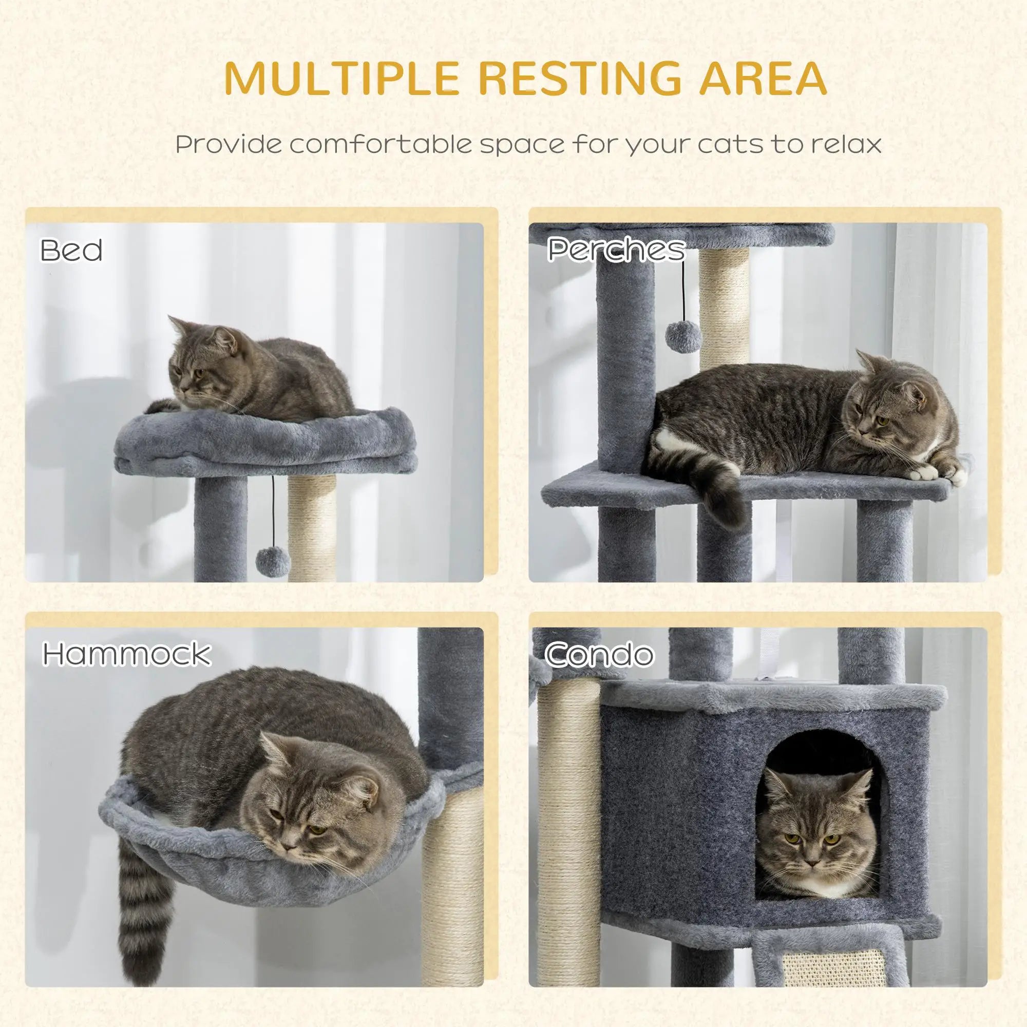 50 Inch Cat Tree, Multi-Level Tower with Sisal Posts, Ramp, Bed, Condo, Hammock, Toy Ball, Grey Cat Towers at Gallery Canada