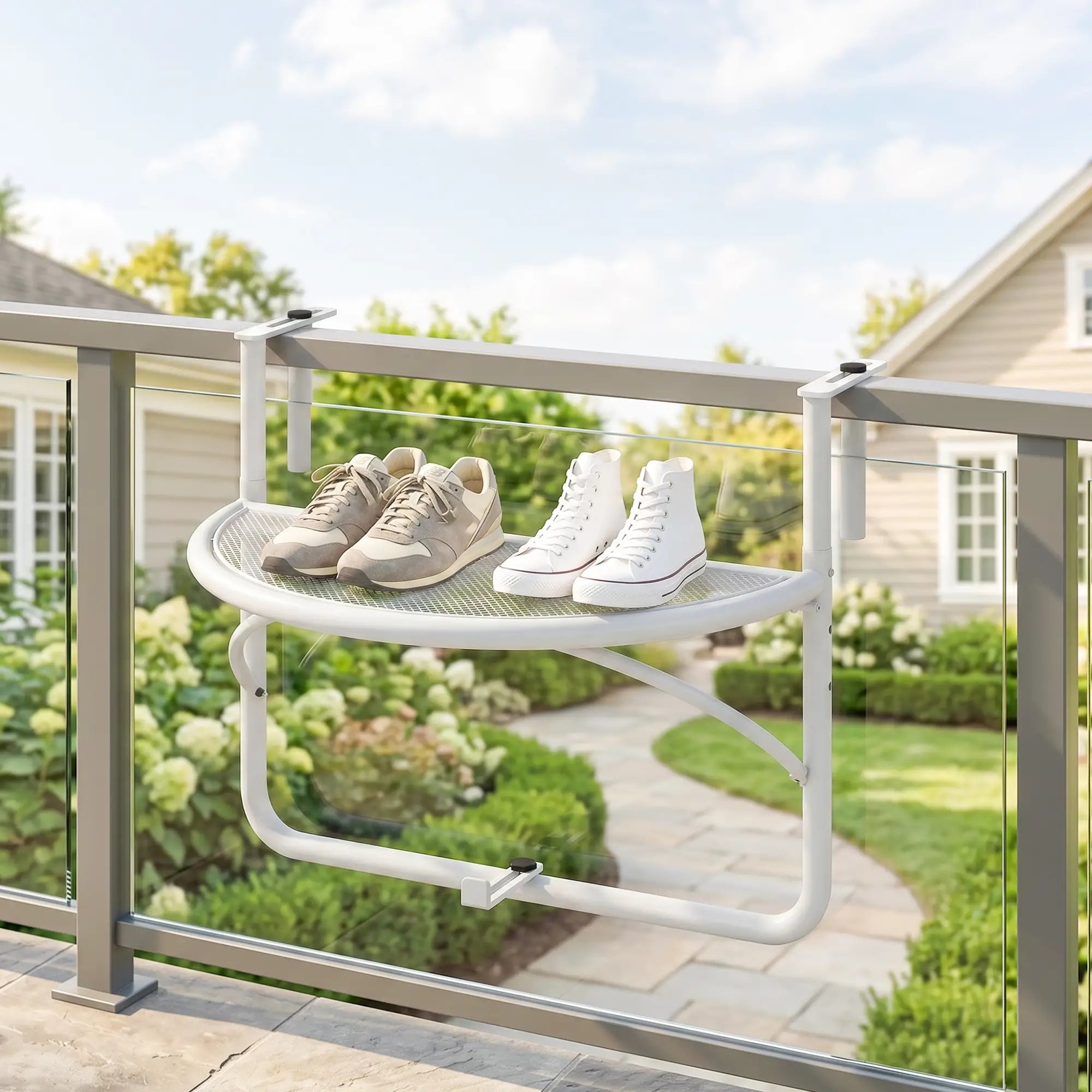 Adjustable Balcony Hanging Table, Metal Wall Desk, Outdoor Flower Stand, Half Round, White Balcony Table Hanging at Gallery Canada