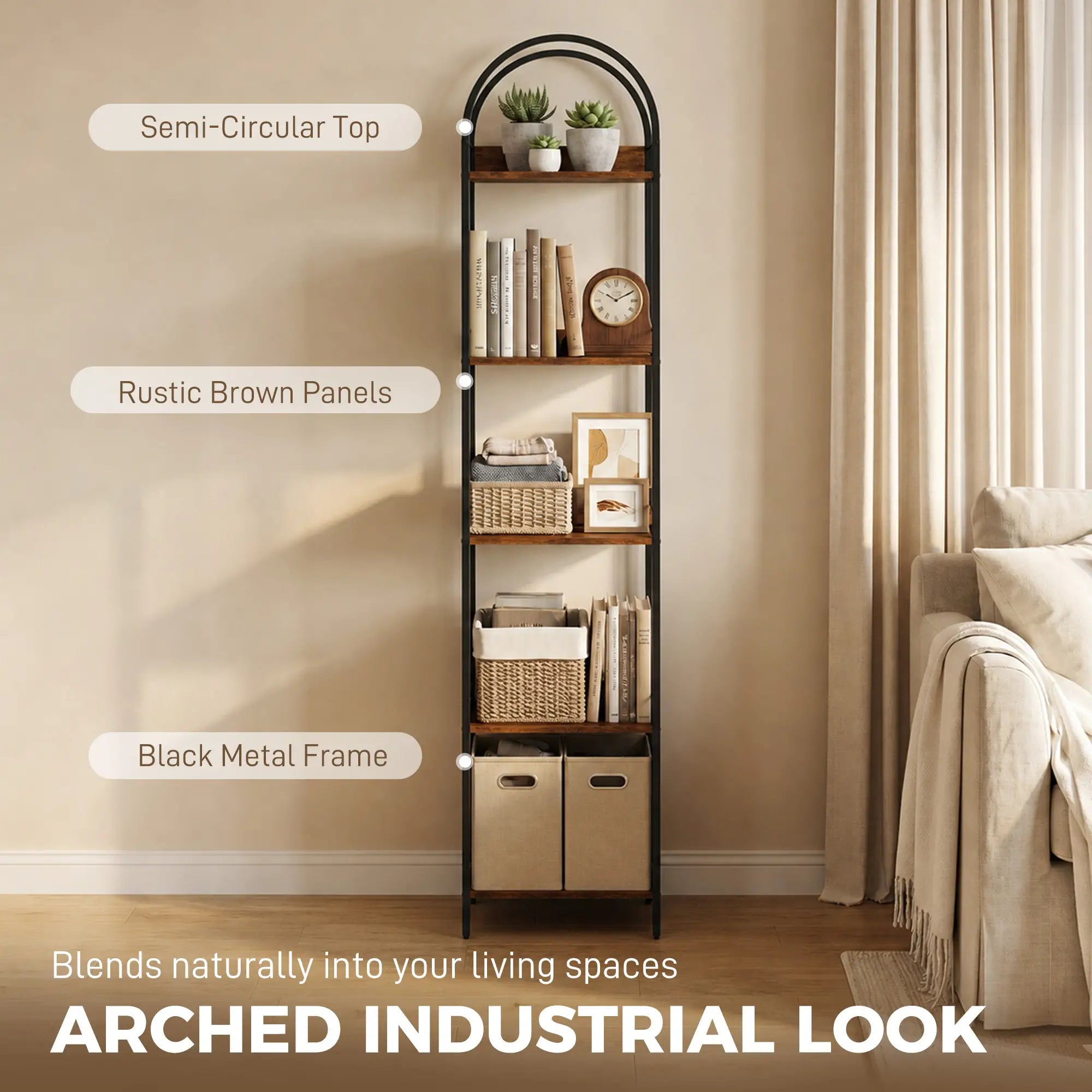 Bookshelf 5 Tier Arched Bookcase, 69.5