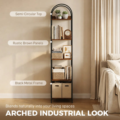 Bookshelf 5 Tier Arched Bookcase, 69.5" Tall, Rustic Brown, Rustic Brown Display Bookshelves at Gallery Canada