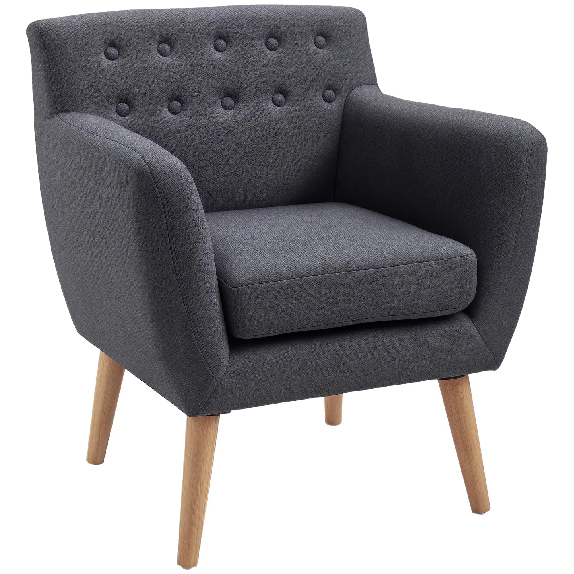 Mid-Century Modern Linen Armchair, Wood Frame, Thick Padding, Dark Grey Accent Chairs Dark Grey at Gallery Canada