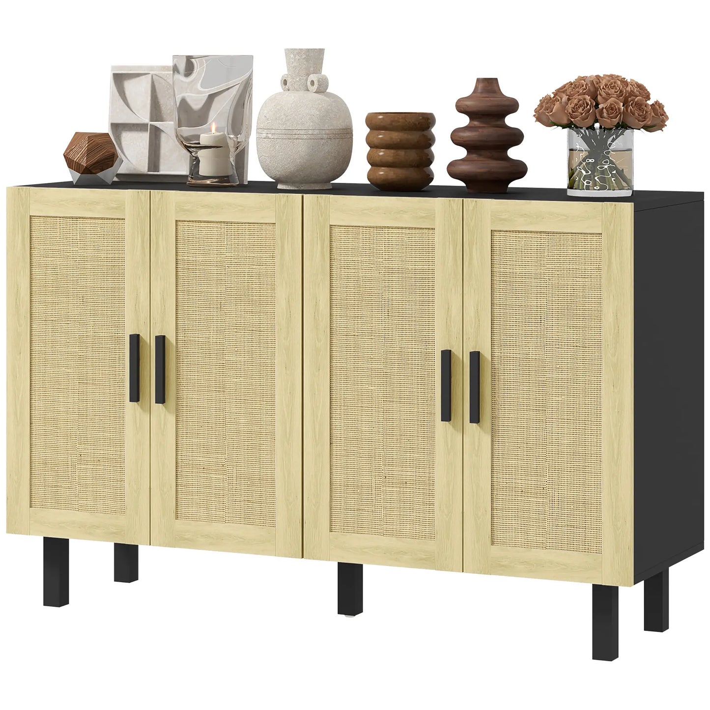 Boho Sideboard Cabinet, 4 Rattan Doors, Adjustable Shelves, Black Storage Cabinets Black, Natural at Gallery Canada