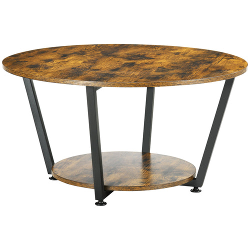 Round Coffee Table with Storage Shelf, Center Table with Steel Frame for Living Room, Rustic Brown