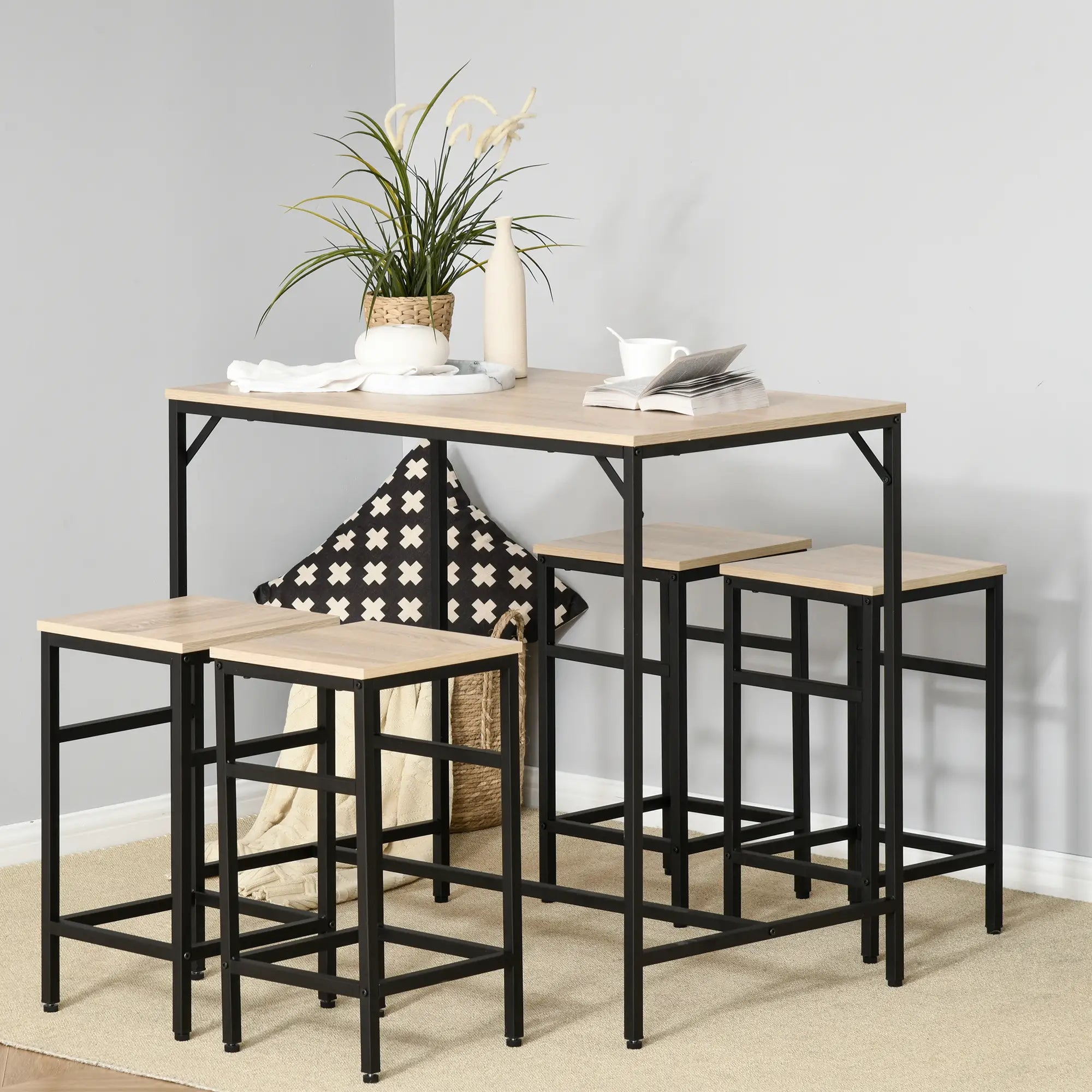 5-Piece Industrial Rectangular Bar Table Set, 4 Stools, Oak Bar Sets at Gallery Canada