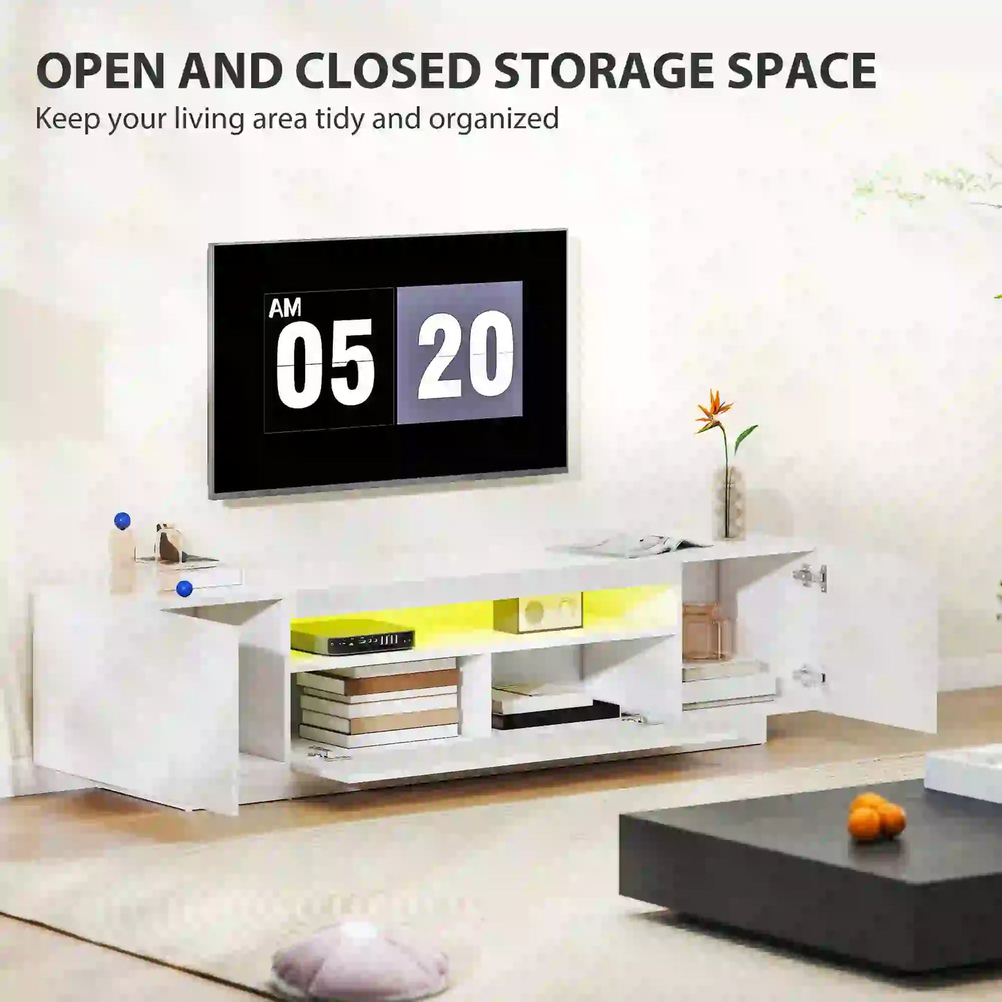 TV Stand for 65-85 Inch TV, RGB LED Lights, White TV Stands at Gallery Canada