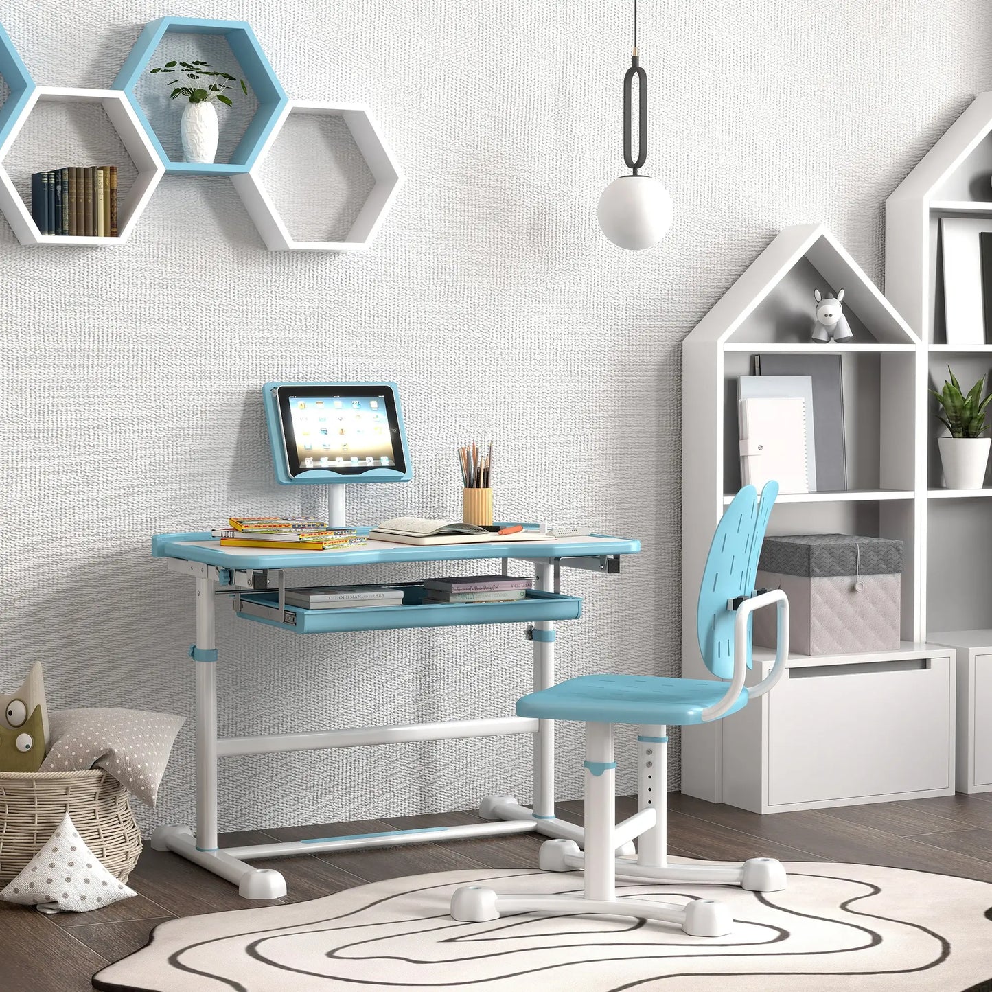 Adjustable Kids Desk and Chair Set, Tilt Desktop, Large Board, Drawer, Blue Kids Desk Sets at Gallery Canada
