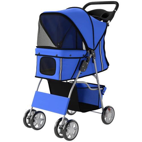 Foldable Pet Stroller, 360° Swivel Wheels, Reflective Strips, Blue