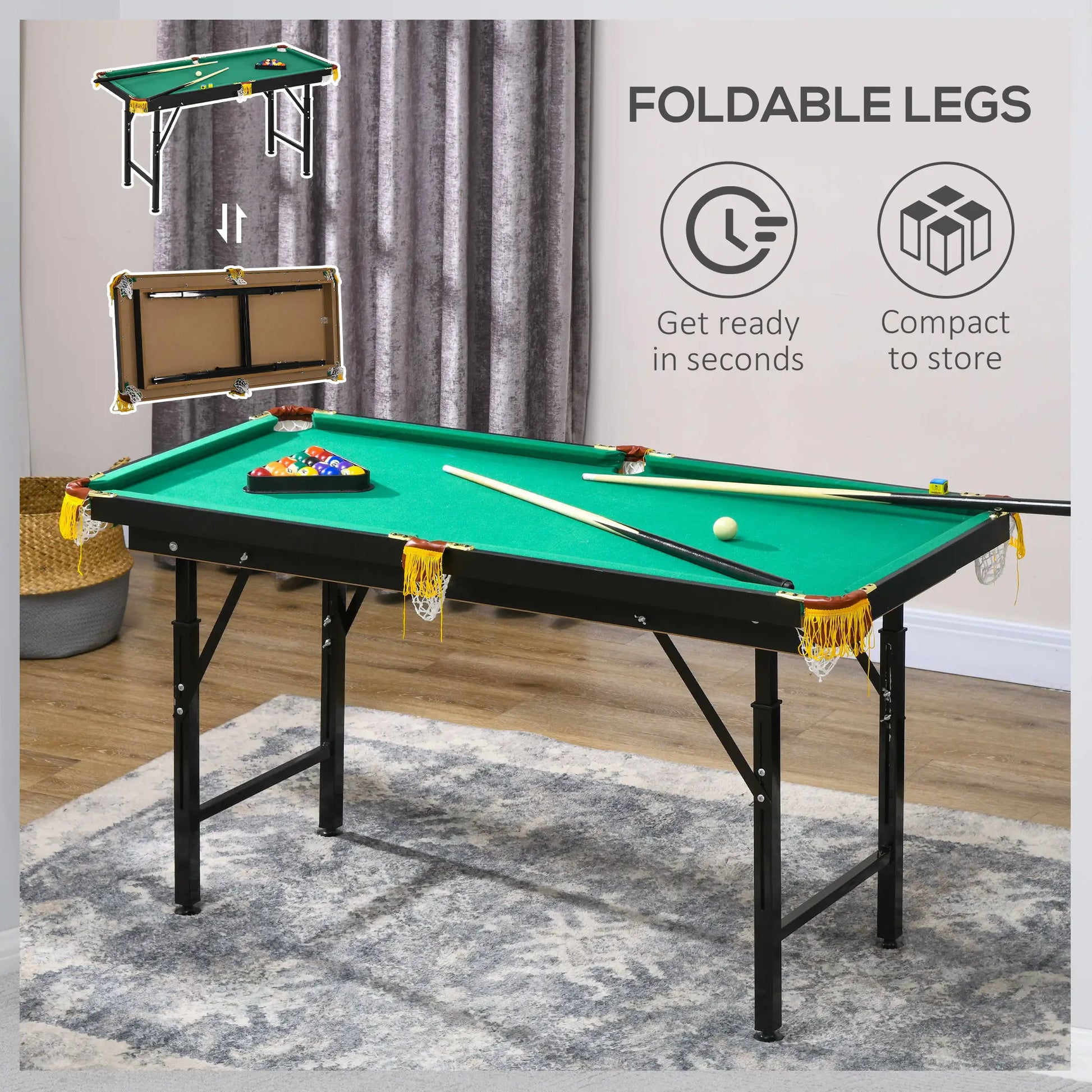 55 Folding Pool Table Set, Adjustable Height, 2 Cues, 16 Balls, Green Game Tables at Gallery Canada