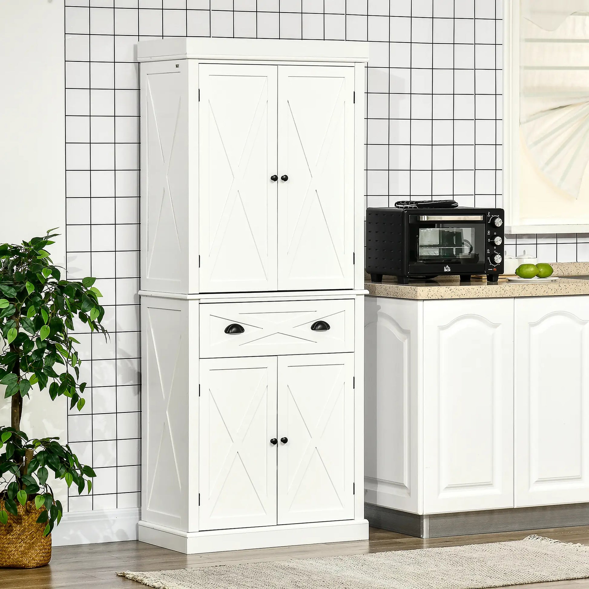 72.5" Kitchen Pantry Cabinet, 4 Doors, Drawer, Adjustable Shelves, White Kitchen Pantry Cabinets at Gallery Canada