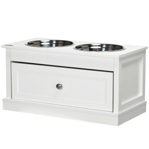 Elevated Dog Bowls, Storage Drawer, Large, White