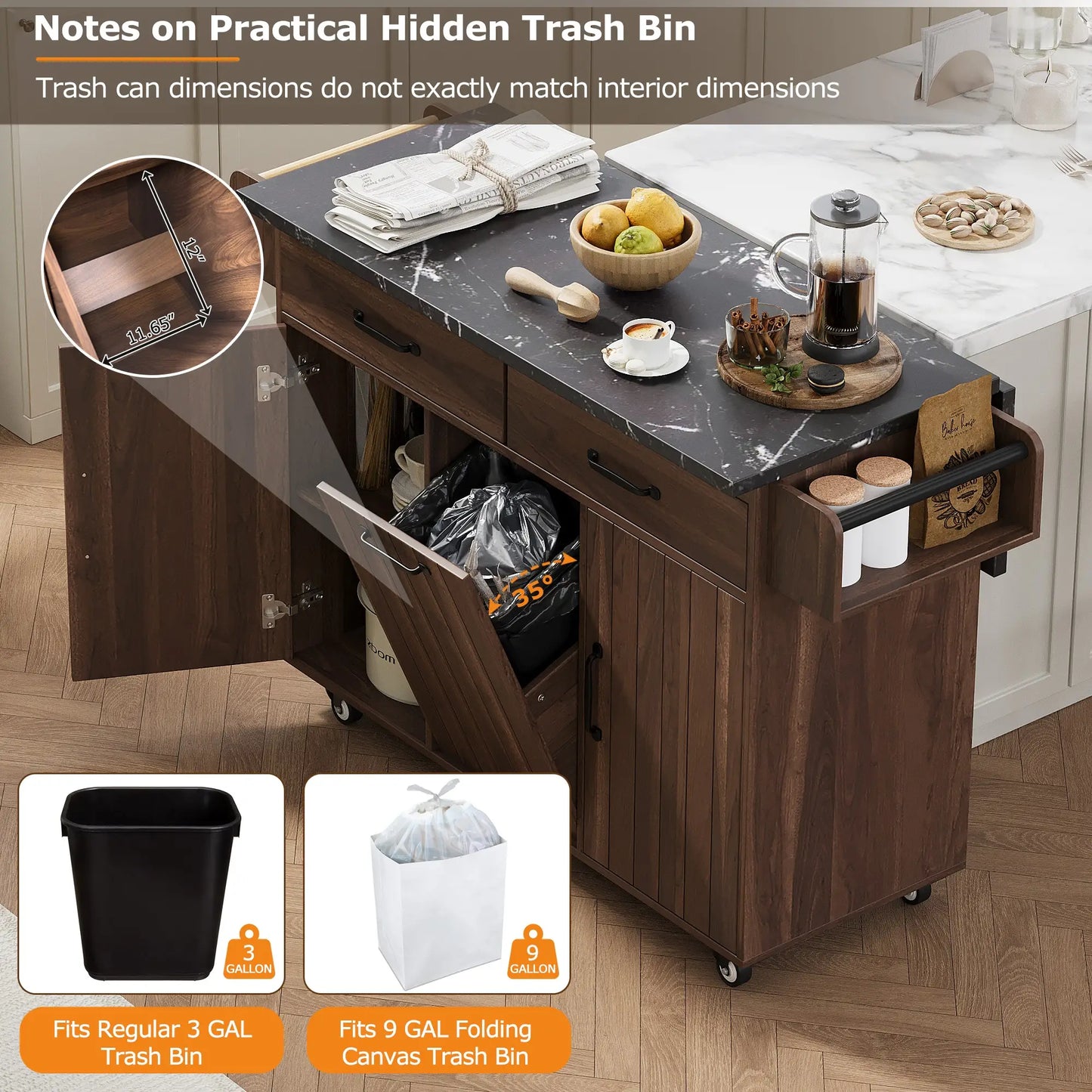 Adjustable Shelf Island, Trash Cabinet, Spice Rack, 51" L x 20" W x 35" H, Walnut Brown Kitchen Islands & Kitchen Carts at Gallery Canada