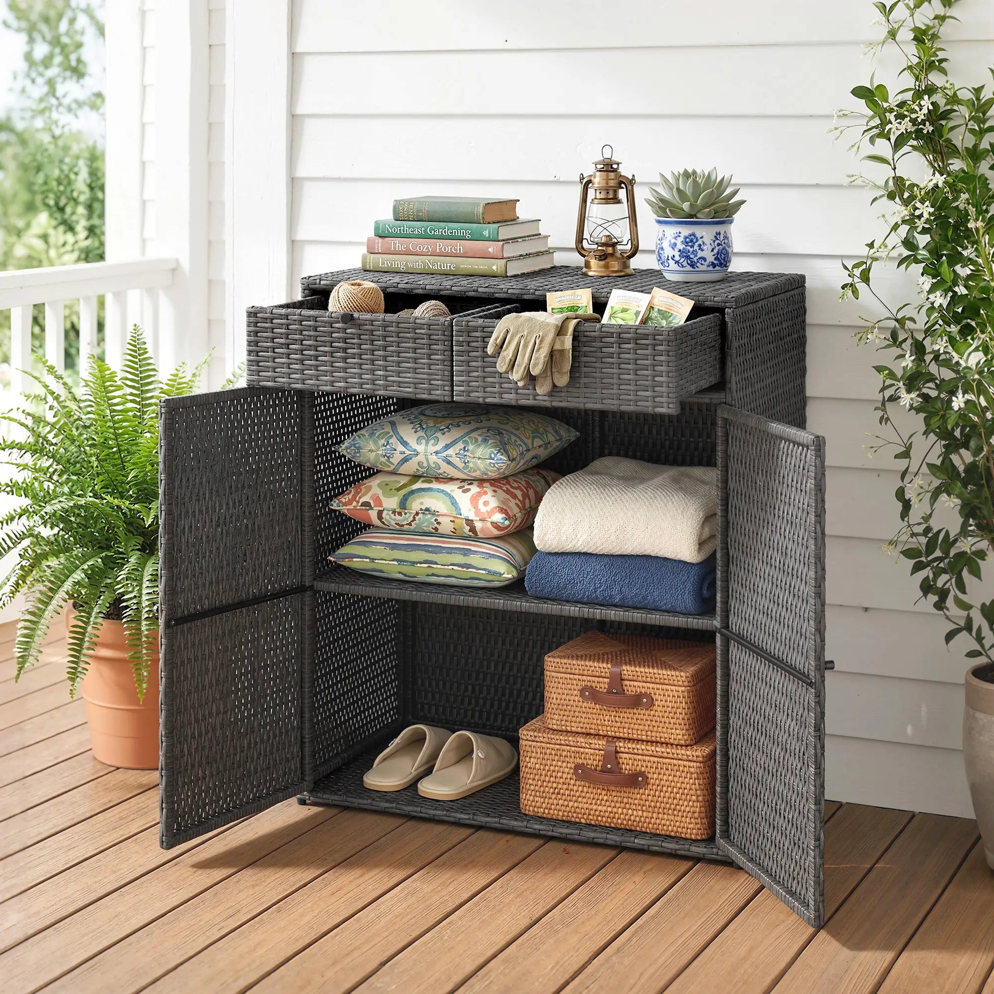 Wicker Outdoor Storage Cabinet, 2 Doors, Drawers, 2-Tier Shelf, Dark Grey Patio Storage Boxes at Gallery Canada