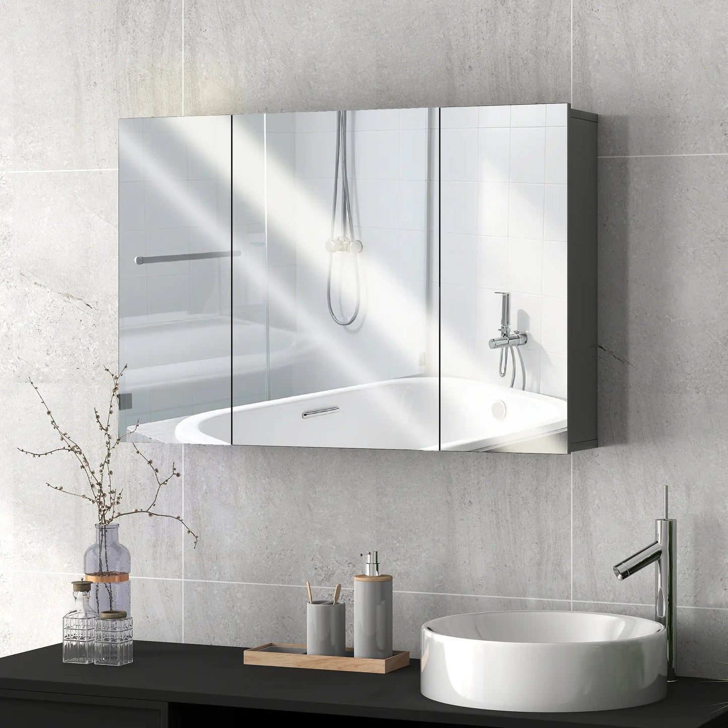 35" x 24" Wall Mirror Cabinet, Bathroom Medicine Cabinet, 3 Doors, Adjustable Shelves, Grey Mirror Medicine Cabinets at Gallery Canada