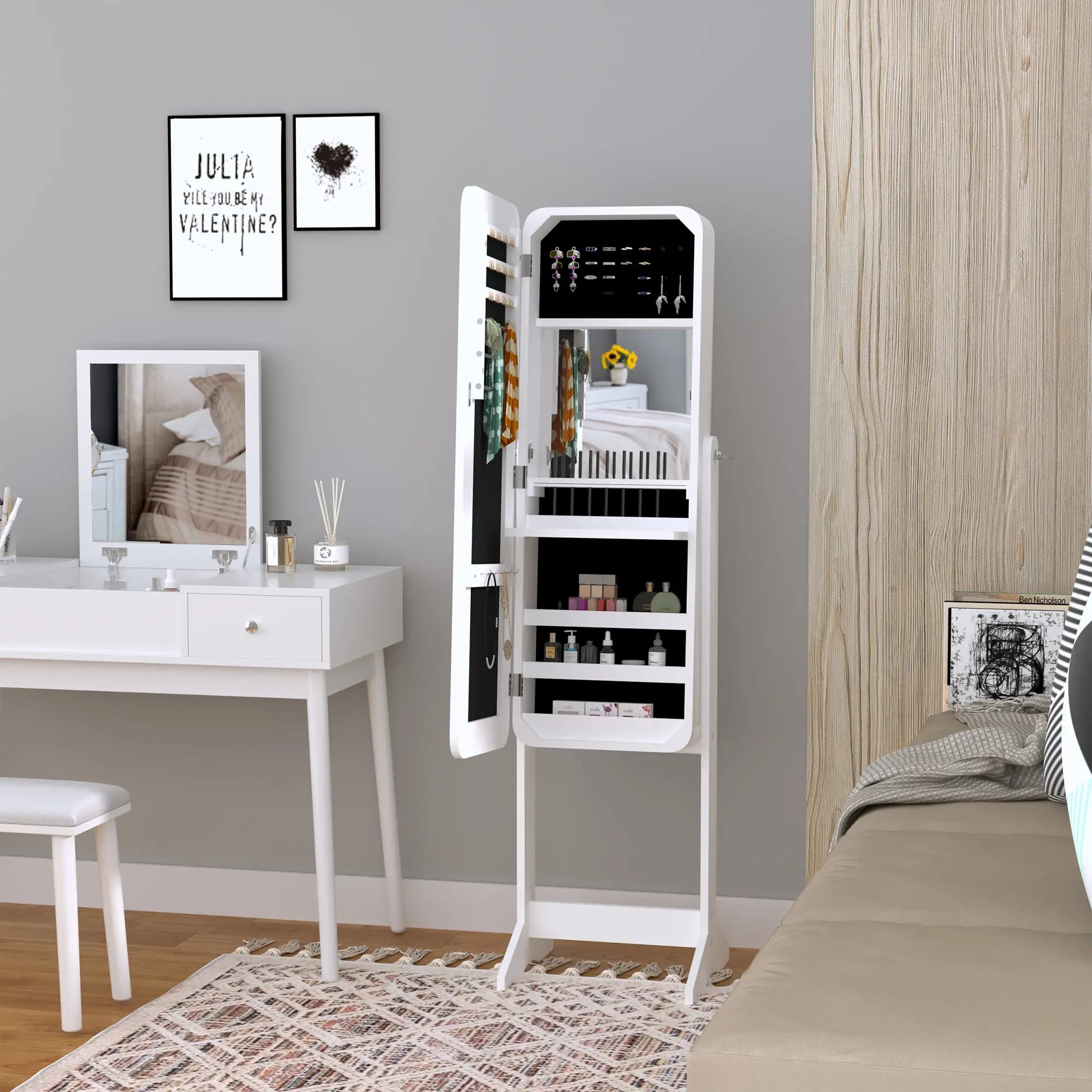 Freestanding Jewelry Cabinet Armoire, LED Lighted Organizer, Adjustable, White Jewelry Armoire & Jewellery Mirror Cabinets at Gallery Canada