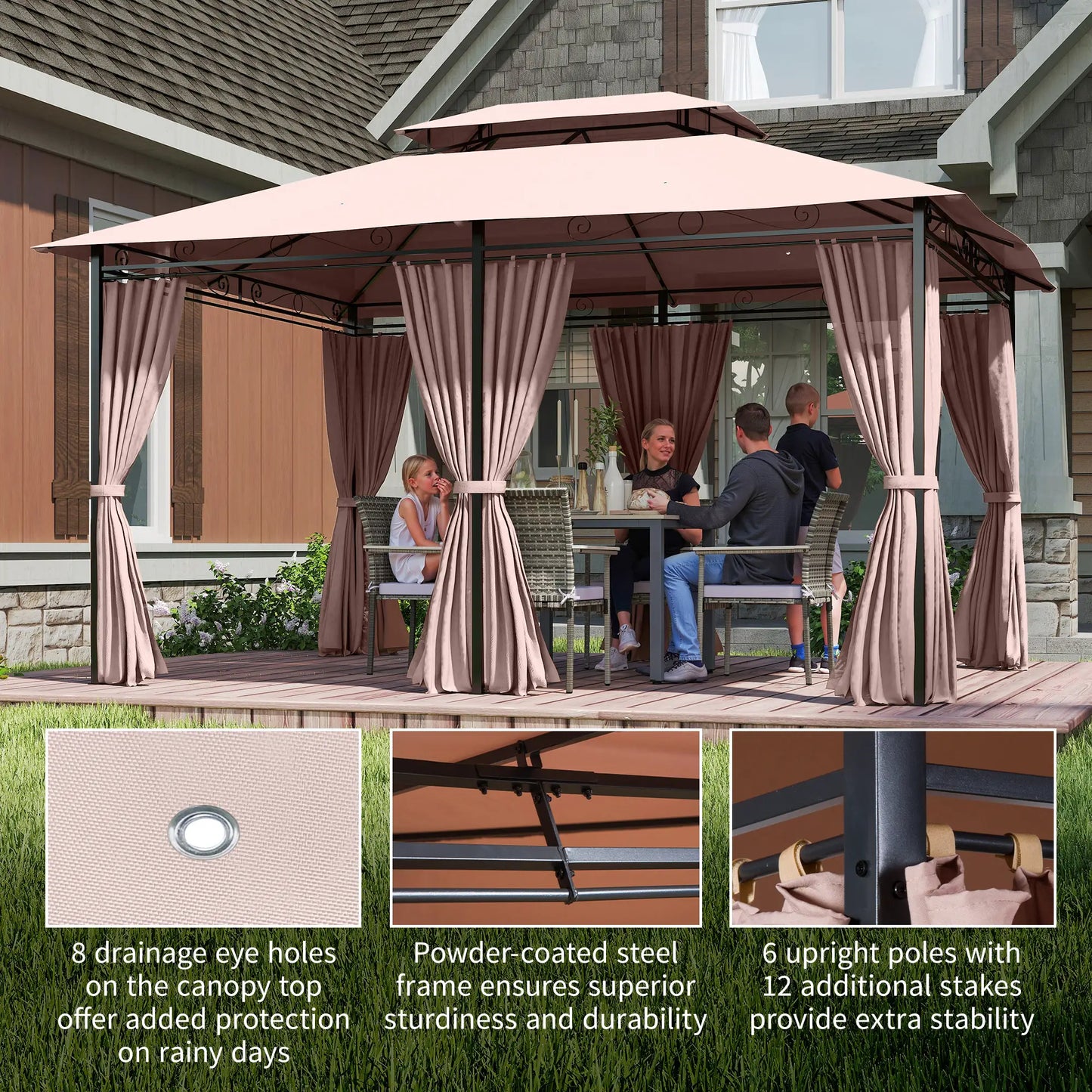 10' x 13' Patio Gazebo, Outdoor Garden Canopy with Curtains, Khaki Gazebos at Gallery Canada