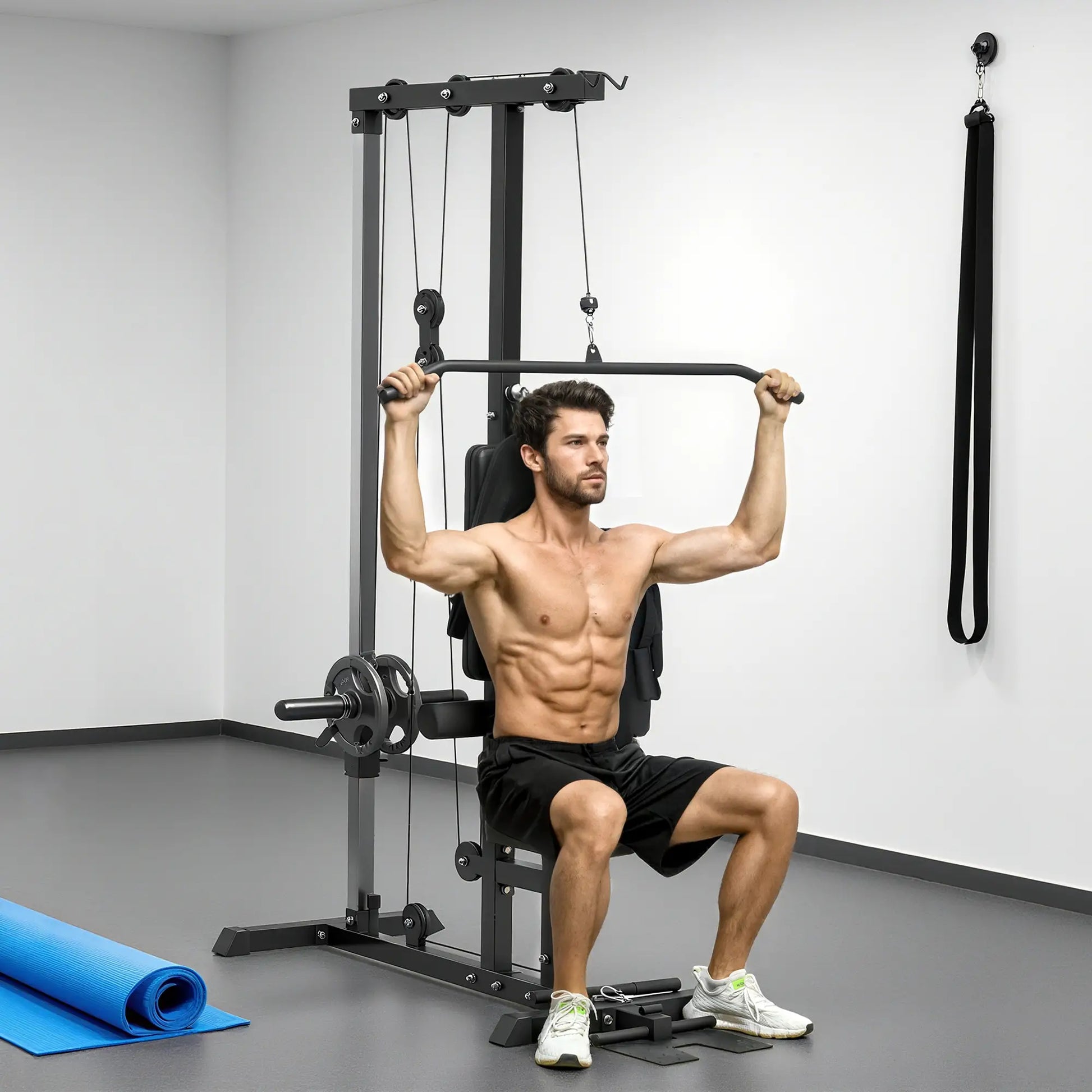Lat Pull Down Machine, High Low Pulley, Adjustable Seat, Flip-Up Footplate, Black Power Towers at Gallery Canada