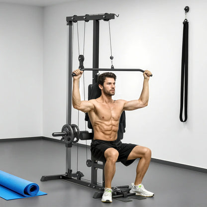 Lat Pull Down Machine, High Low Pulley, Adjustable Seat, Flip-Up Footplate, Black Power Towers at Gallery Canada
