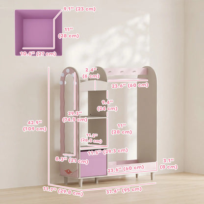 Portant à vêtements pour enfants avec miroir, tiroir et étagères, rose