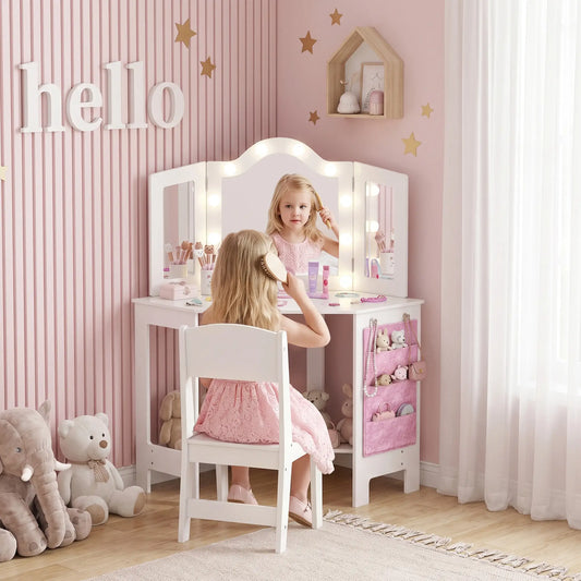 Kids Vanity Table and Chair Set with Lights, Tri-Fold Mirror, White Kids Bedroom Furniture White, Pink at Gallery Canada