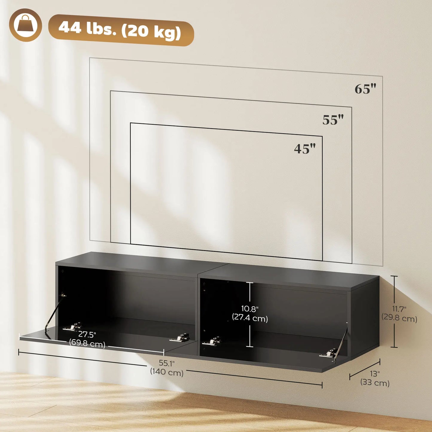 Floating TV Stand, Storage Cupboards for 45, 55, 65in TVs, Black TV Stands at Gallery Canada