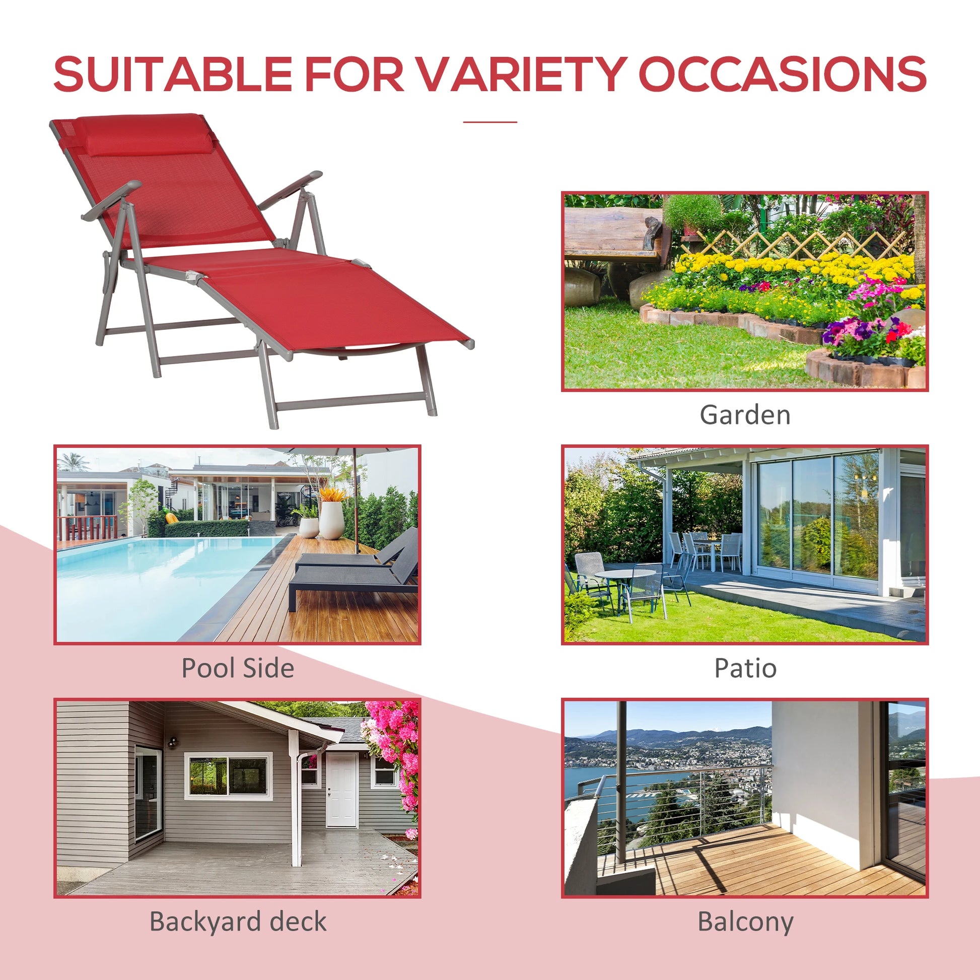 Outdoor Folding Chaise Lounge, Steel Recliner, 7 Adjustable Positions, Red Lounger Chairs at Gallery Canada