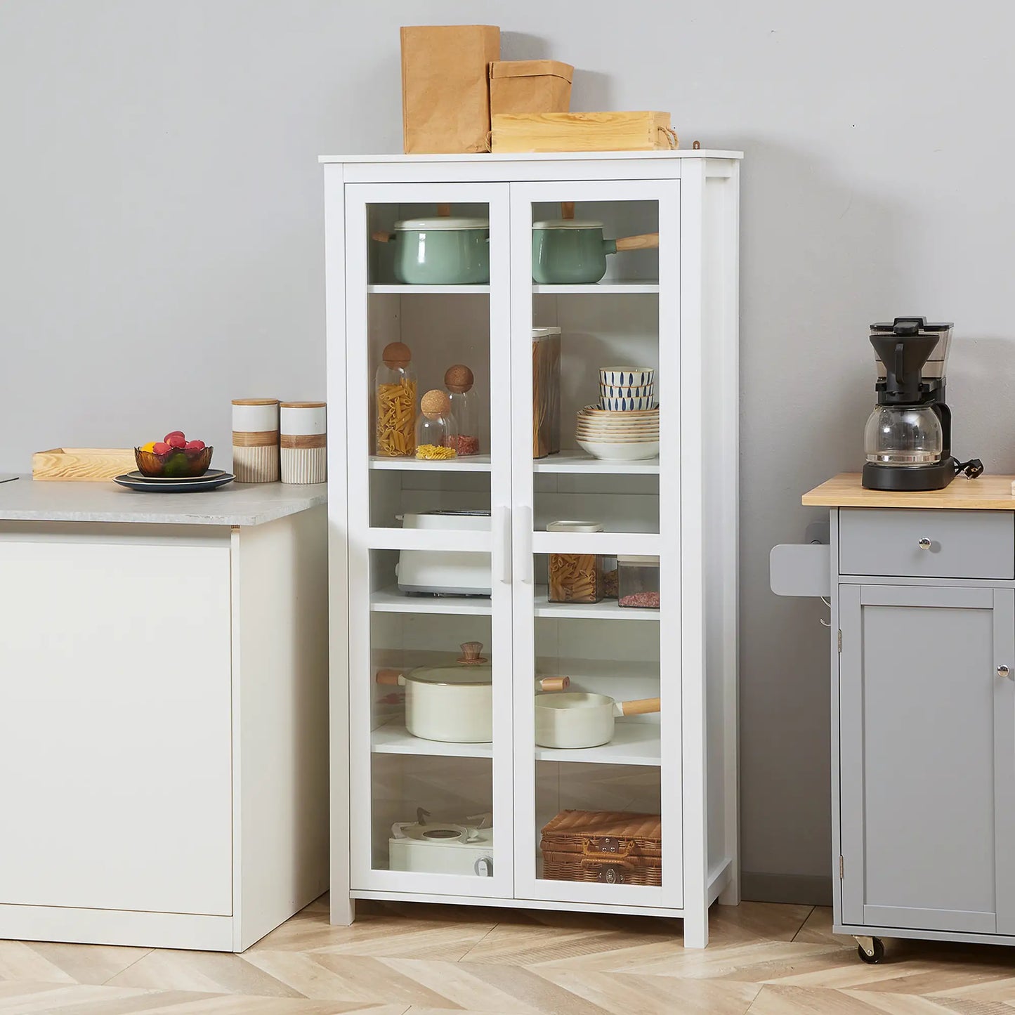 Freestanding Kitchen Pantry, 5-Tier Storage Cabinet, Adjustable Shelves, 2 Glass Doors, White