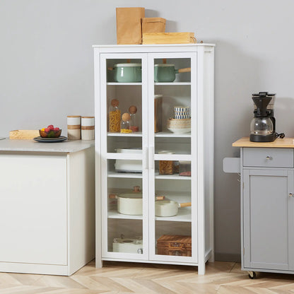 Freestanding Kitchen Pantry, 5-Tier Storage Cabinet, Adjustable Shelves, 2 Glass Doors, White