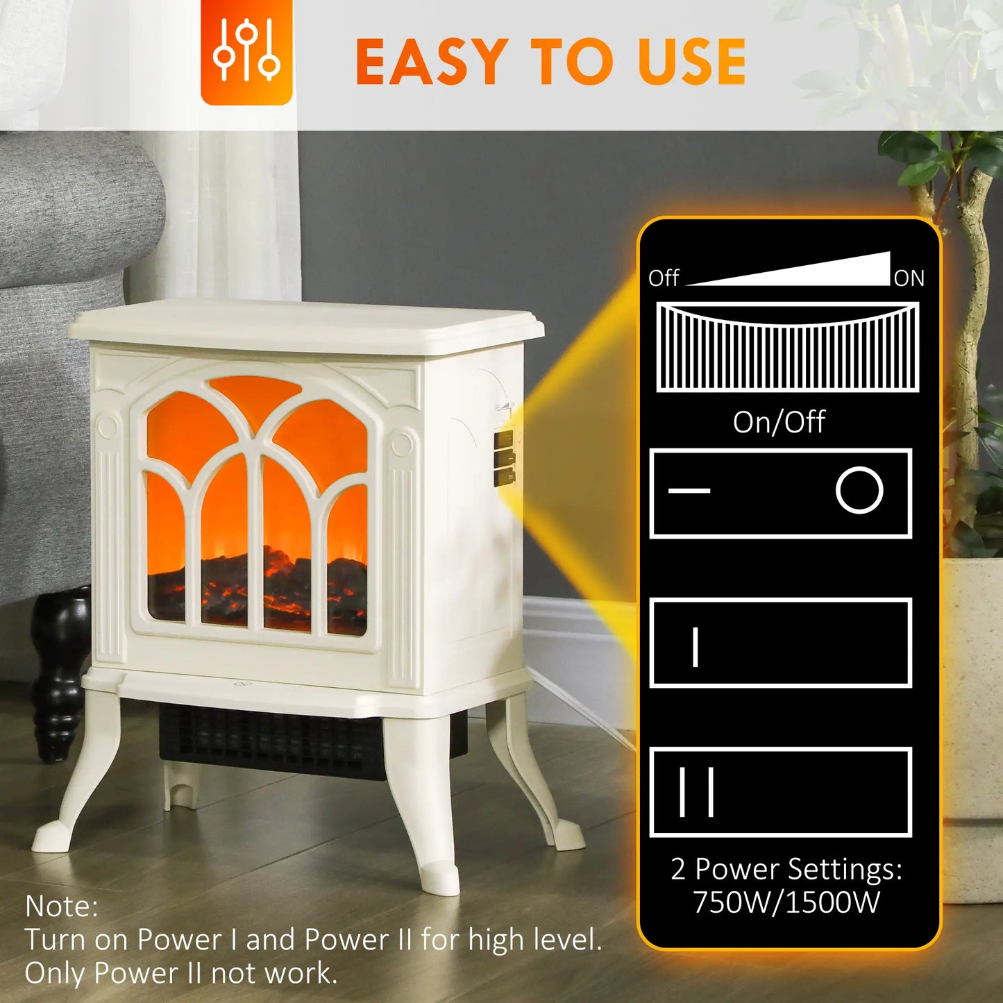 Freestanding Electric Fireplace Heater, Realistic Flame, Beige
