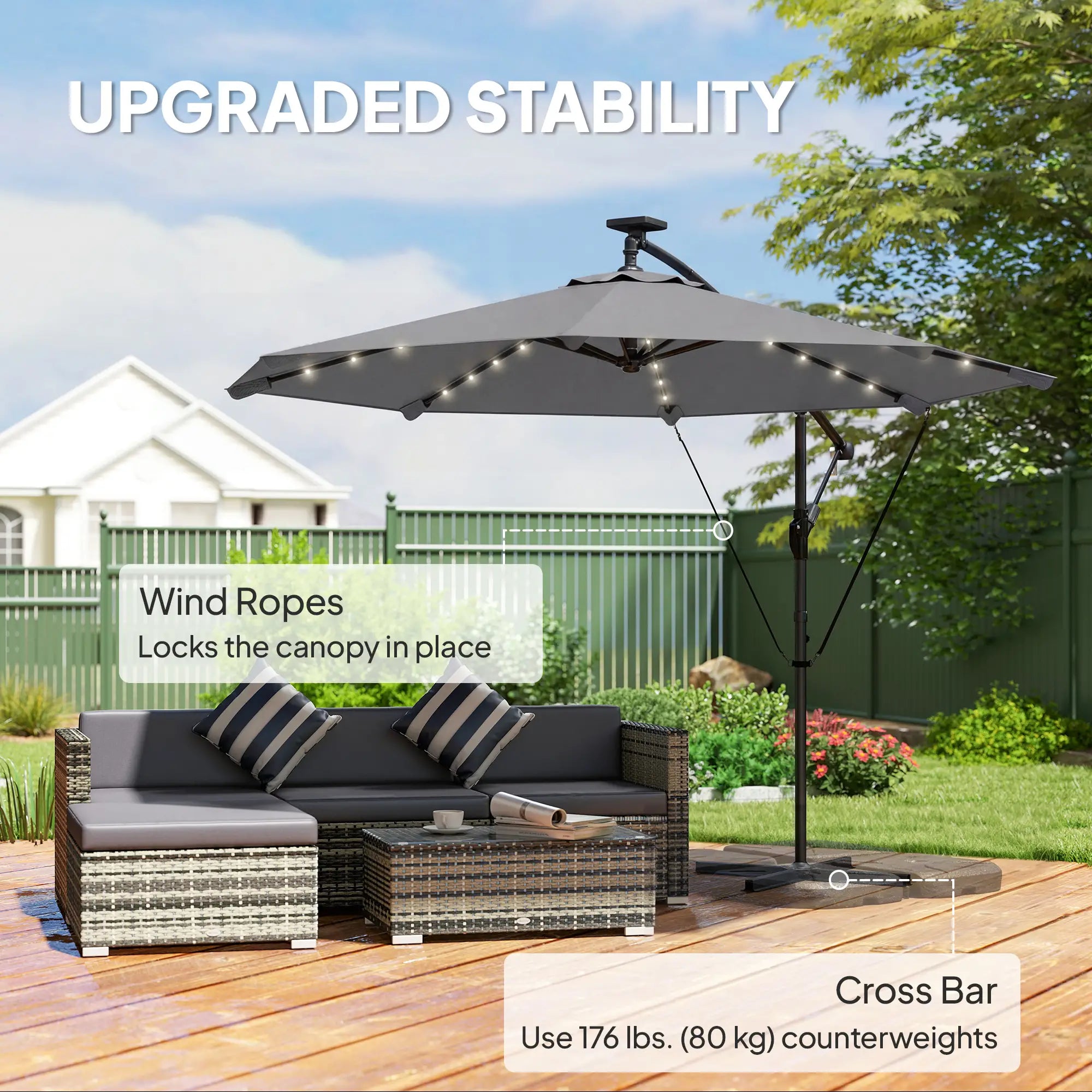 9.7ft Solar LED Cantilever Patio Umbrella, 32 LED Lights, Cross Base, Crank Handle, Dark Grey Offset Cantilever Umbrellas at Gallery Canada