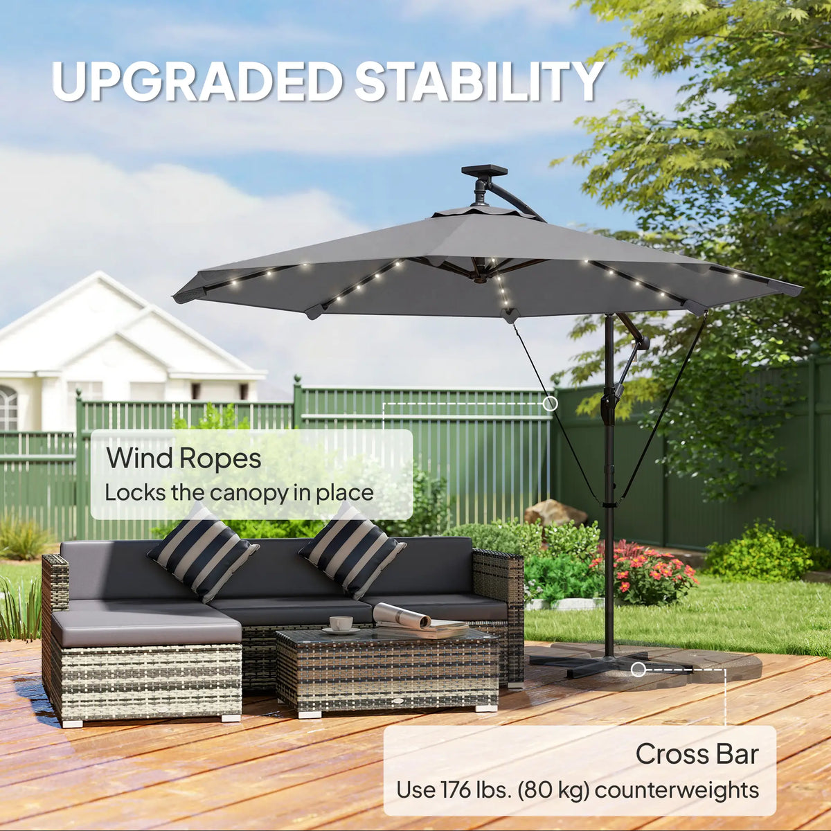 9.7ft Solar LED Cantilever Patio Umbrella, 32 LED Lights, Cross Base, Crank Handle, Dark Grey Offset Cantilever Umbrellas at Gallery Canada