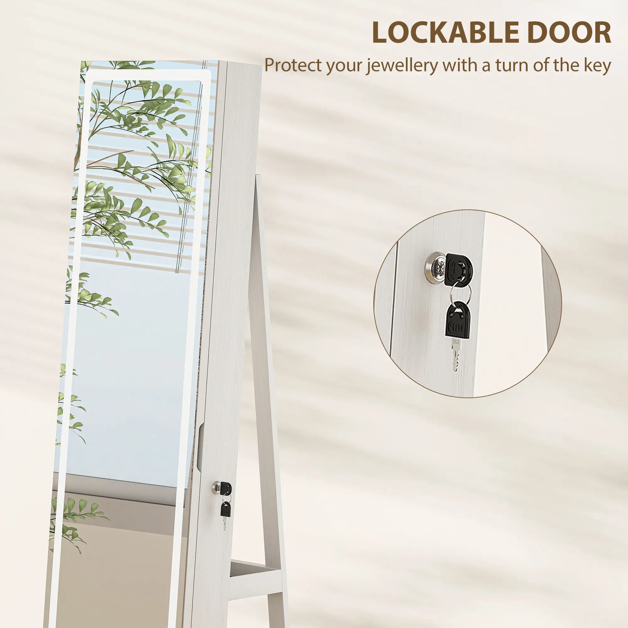 360° Swivel Jewelry Cabinet, Full Length Mirror, Lockable, LED Lights, White Jewelry Armoire & Jewellery Mirror Cabinets at Gallery Canada