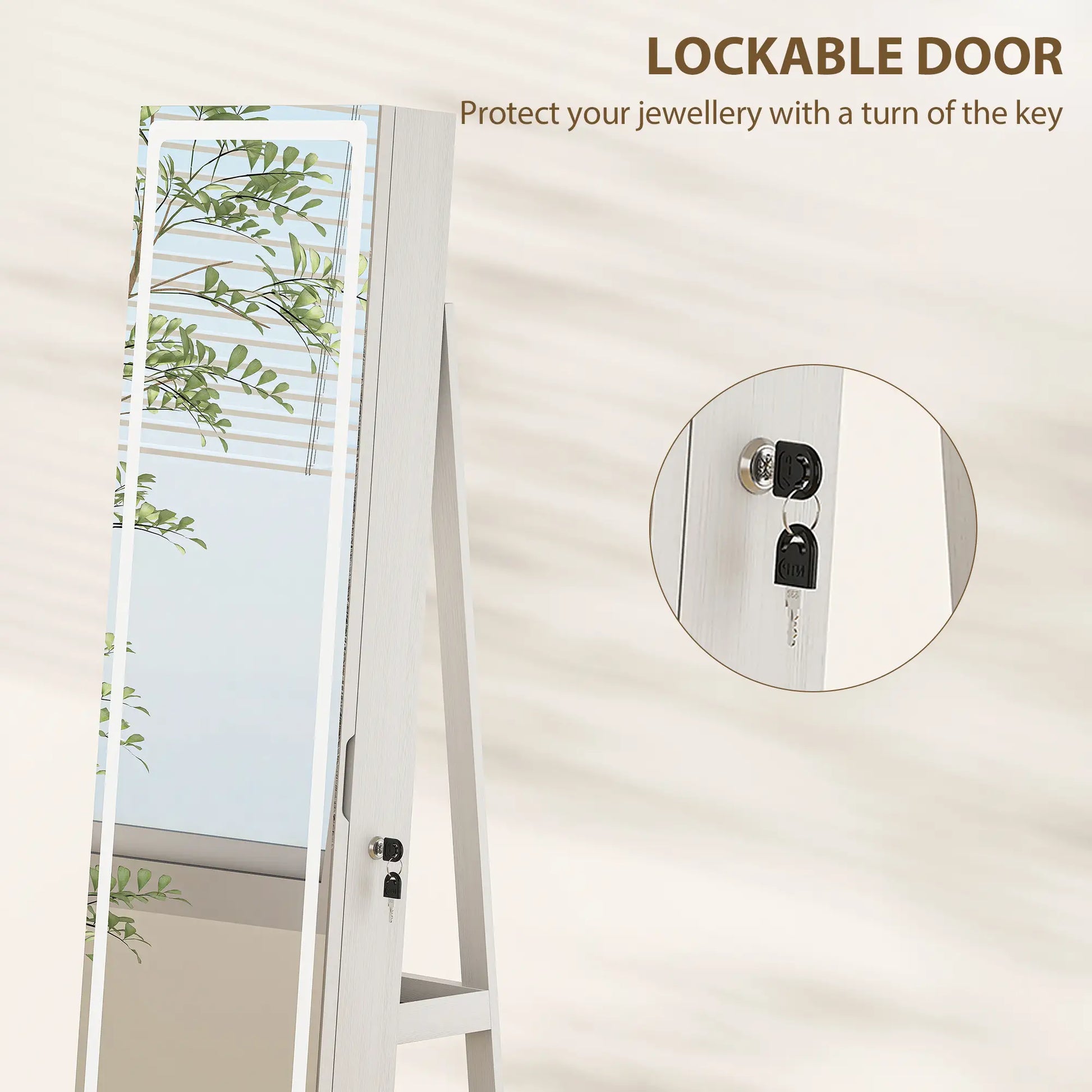 360° Swivel Jewelry Cabinet, Full Length Mirror, Lockable, LED Lights, White Jewelry Armoire & Jewellery Mirror Cabinets at Gallery Canada