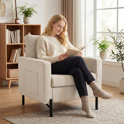 Modern Upholstered Armchair With Side Pockets, Cushion, Beige Accent Chairs at Gallery Canada