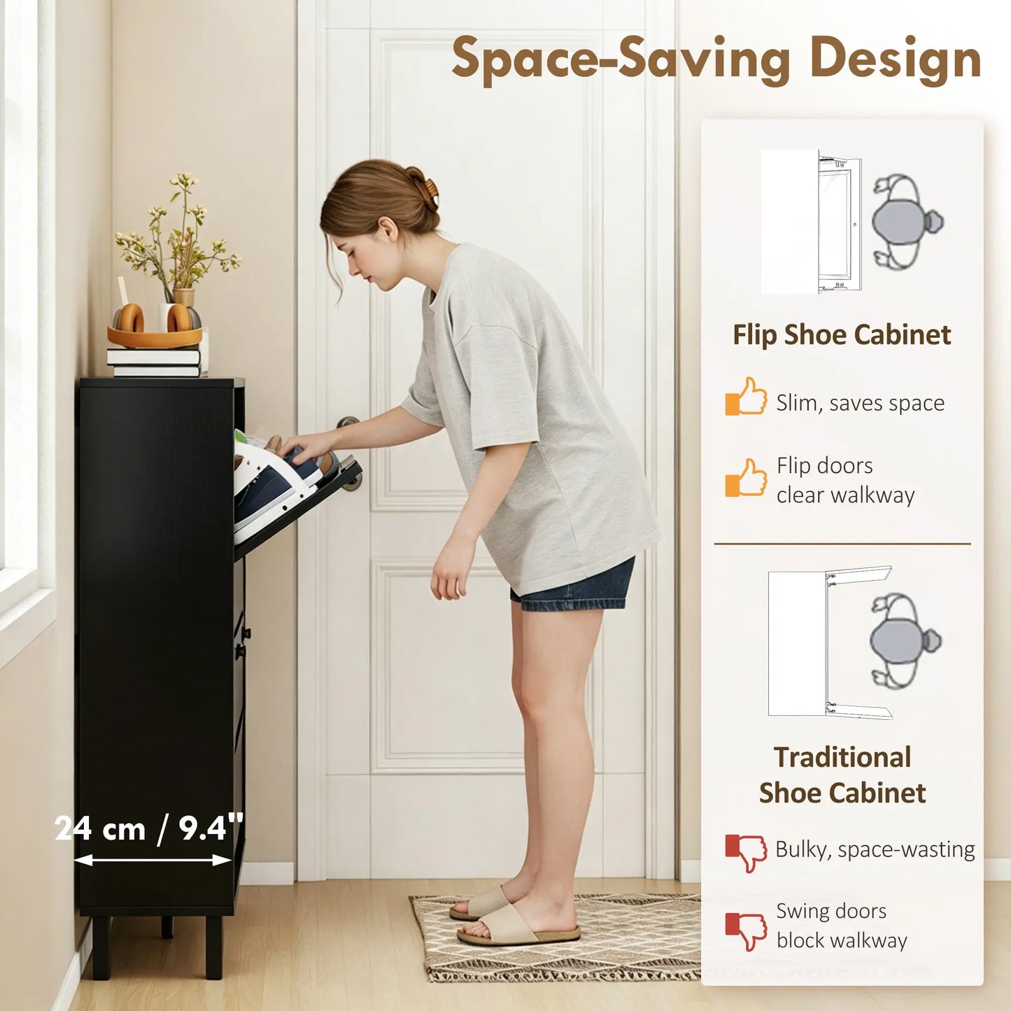 Shoe Cabinet with 4 Flip Drawers, Freestanding Narrow Shoe Storage Cabinet with Adjustable Shelves, Open Back, Black