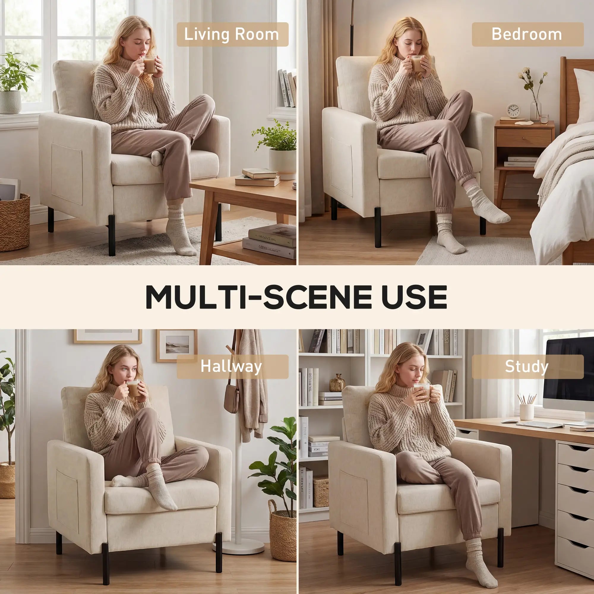 Modern Upholstered Armchair With Side Pockets, Cushion, Beige Accent Chairs at Gallery Canada