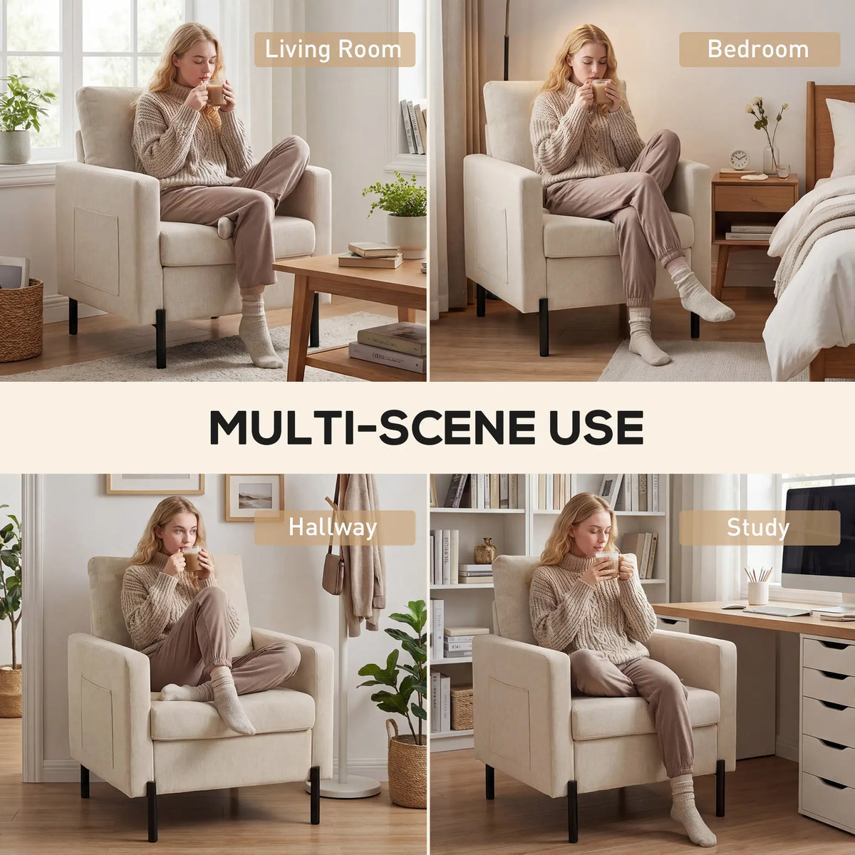 Modern Upholstered Armchair With Side Pockets, Cushion, Beige Accent Chairs at Gallery Canada
