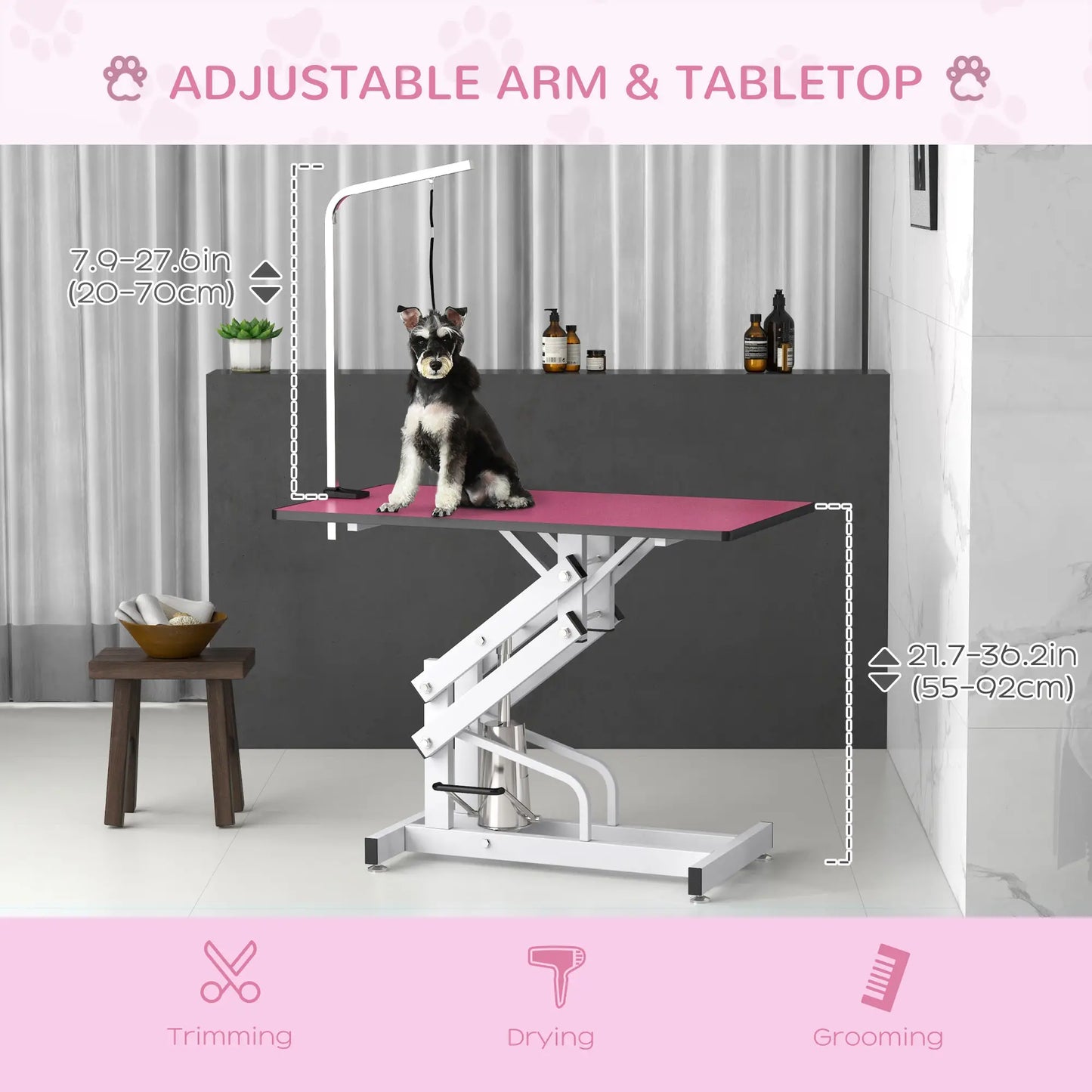 Adjustable Dog Grooming Table with Arm, Noose, Non-Slip, Pink Dog Grooming Tables at Gallery Canada