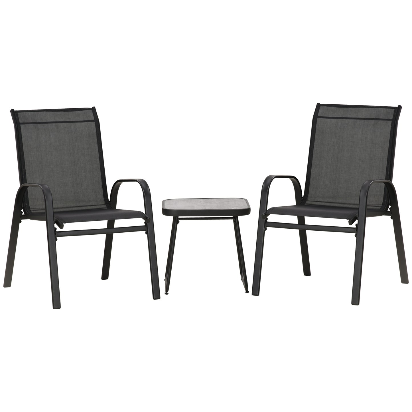 Outdoor Bistro Set of 3, 3 Piece Patio Set with Breathable Mesh Fabric, Stackable Chairs and Square Table, Black - Gallery Canada