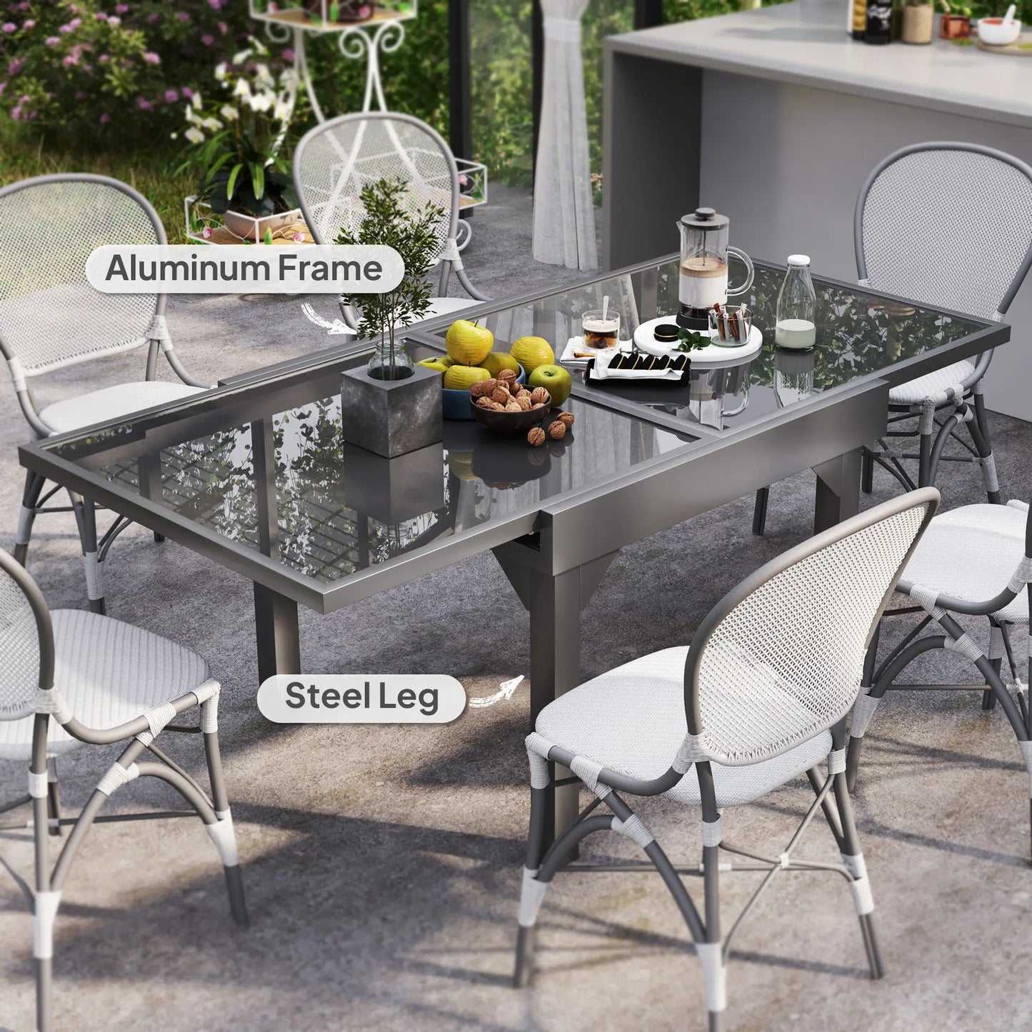 35"-71" Expandable Outdoor Table, Tempered Glass Top, Metal Frame, for 4-6 Person Patio Dinning Tables at Gallery Canada