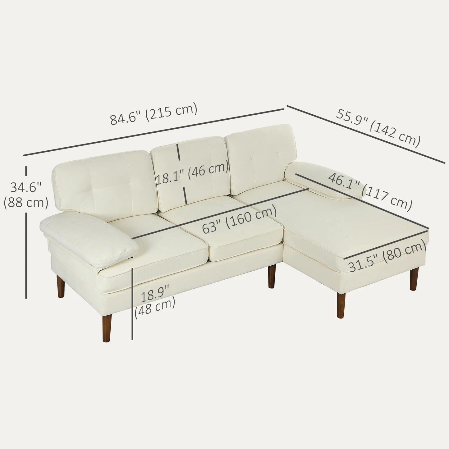 Modern Corner Couch, Right Chaise Lounge, Tufted 3-Seater Sofa, Wooden Legs, Cream White 3-Seater Sofas at Gallery Canada
