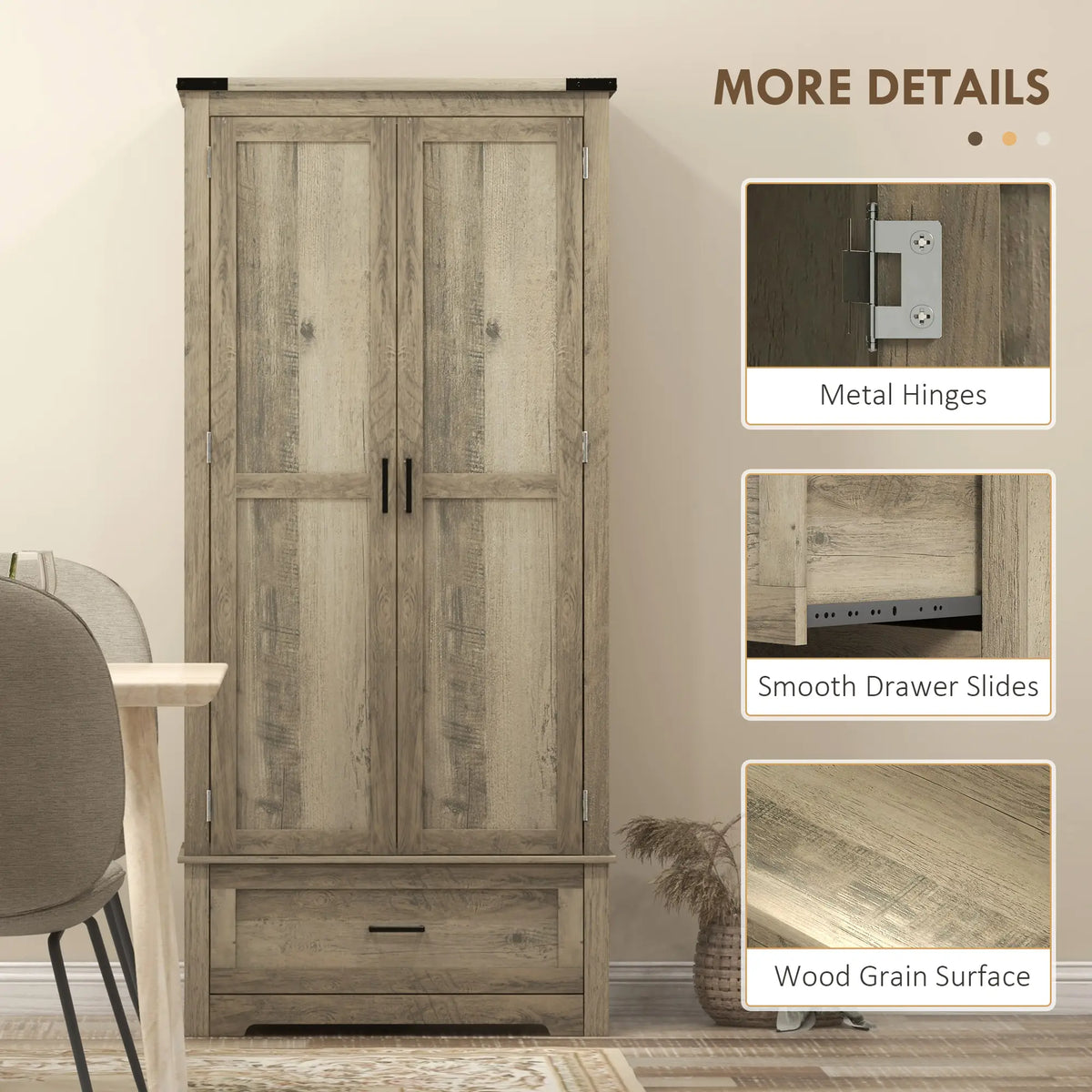 69" Tall Farmhouse Kitchen Pantry, 2 Doors, Drawer, Adjustable Shelves, Grey