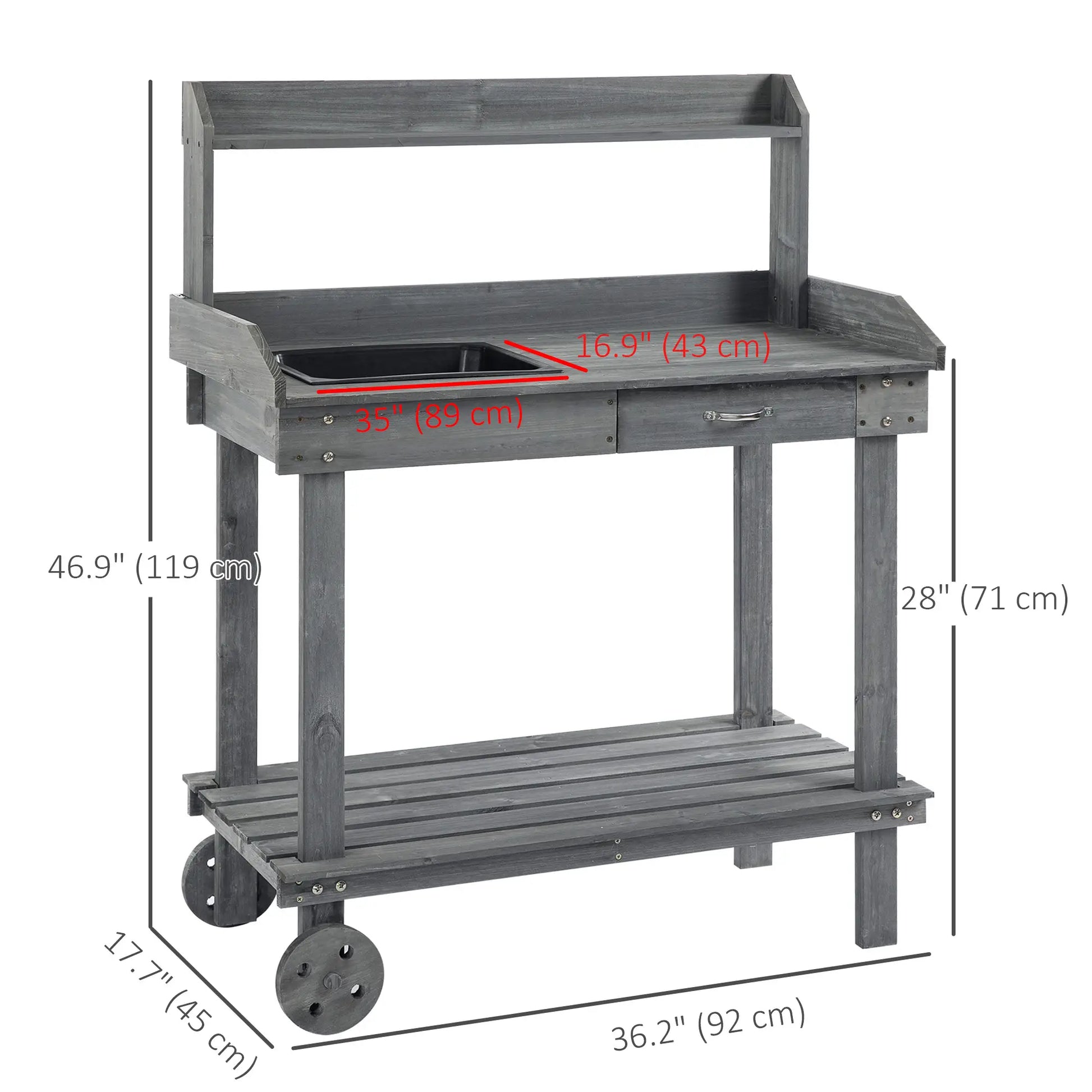 36" Wooden Potting Bench, Work Table, 2 Wheels, Sink, Drawer, Gray Potting Benches & Tables at Gallery Canada