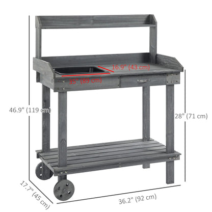 36" Wooden Potting Bench, Work Table, 2 Wheels, Sink, Drawer, Gray Potting Benches & Tables at Gallery Canada